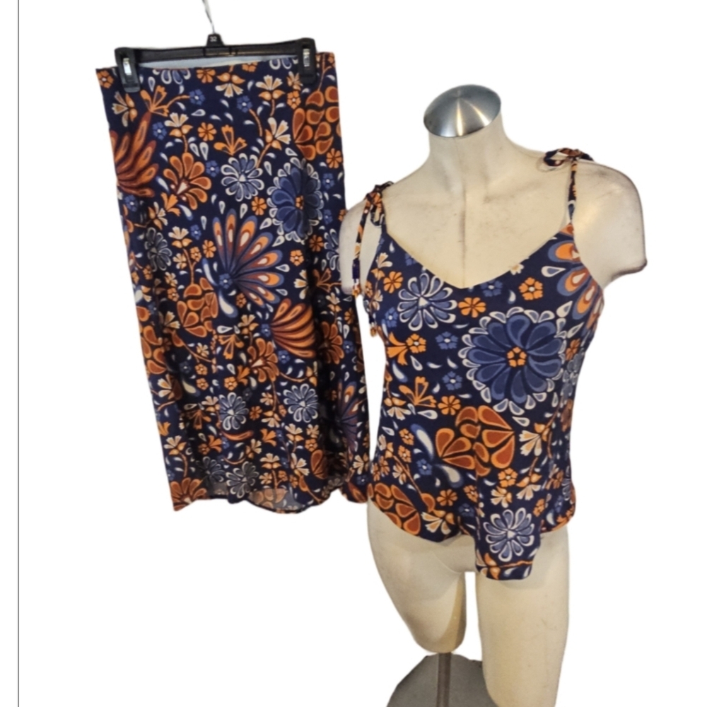 Sigrid Olsen Size S Blue and Orange Floral Skirt And Top 2 Piece Set